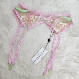NEW For Love and Lemons Tutti Frutti Shimmer Strawberry Pink Floral Garter Belt